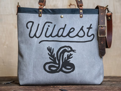 Canvas and Leather LARGE Farmer's Market Tote | Handprinted Wildest