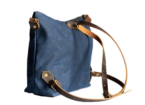  Handmade Waxed Canvas Convertible Backpack Tote Crossbody,  - In Blue Handmade
