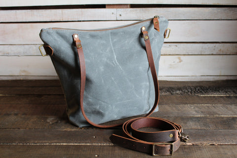  Handmade Waxed Canvas Lined Zipper Tote Large,  - In Blue Handmade