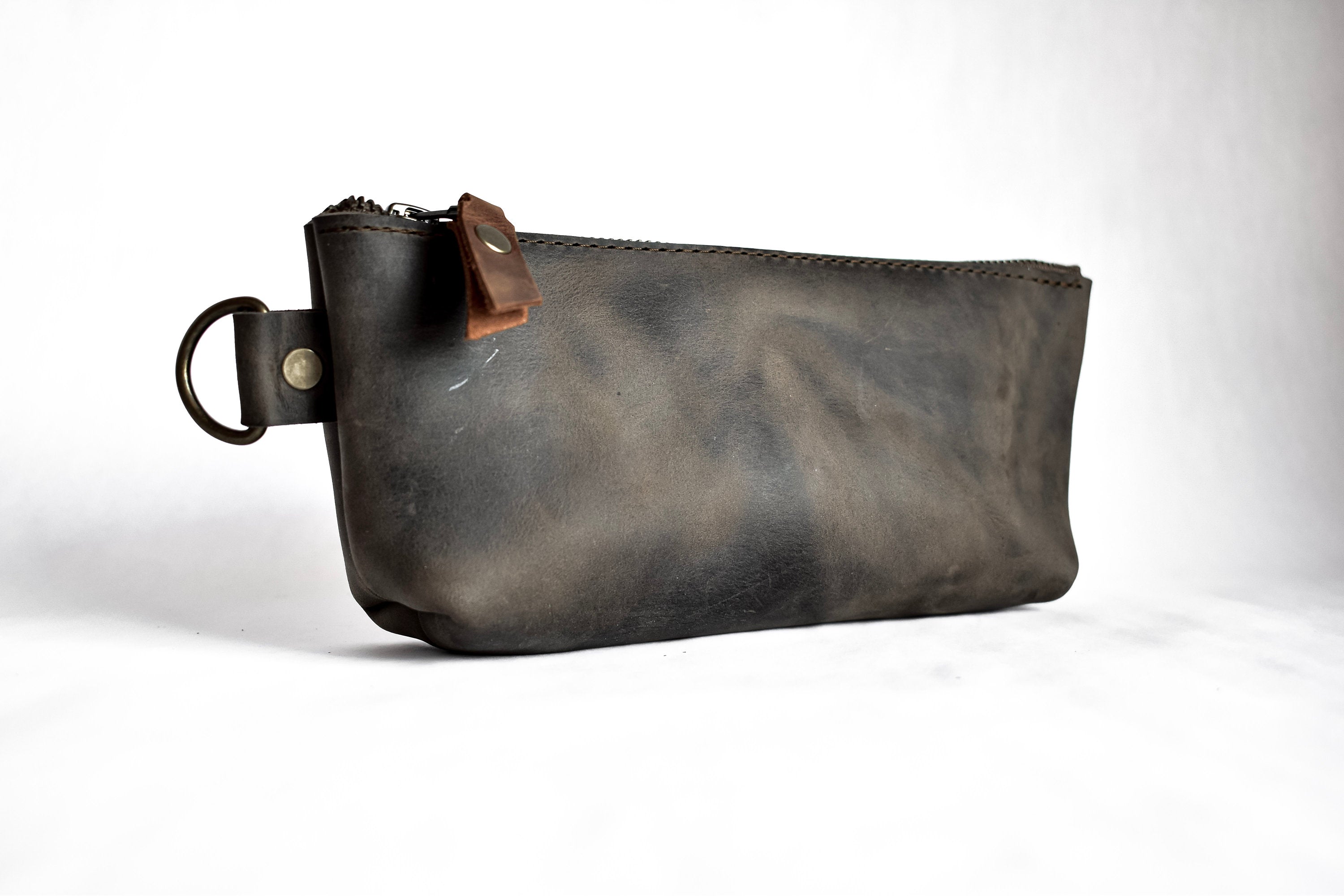 Handmade Leather Pencil Pouch  Zipper Bag – In Blue Handmade