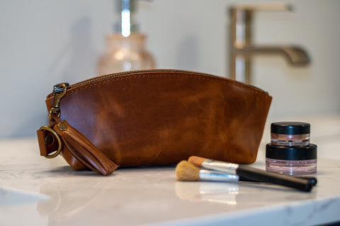 Curved Leather Zipper Bag | Leather Pencil Pouch | Makeup Bag | Made in USA | Leather Cosmetics Case