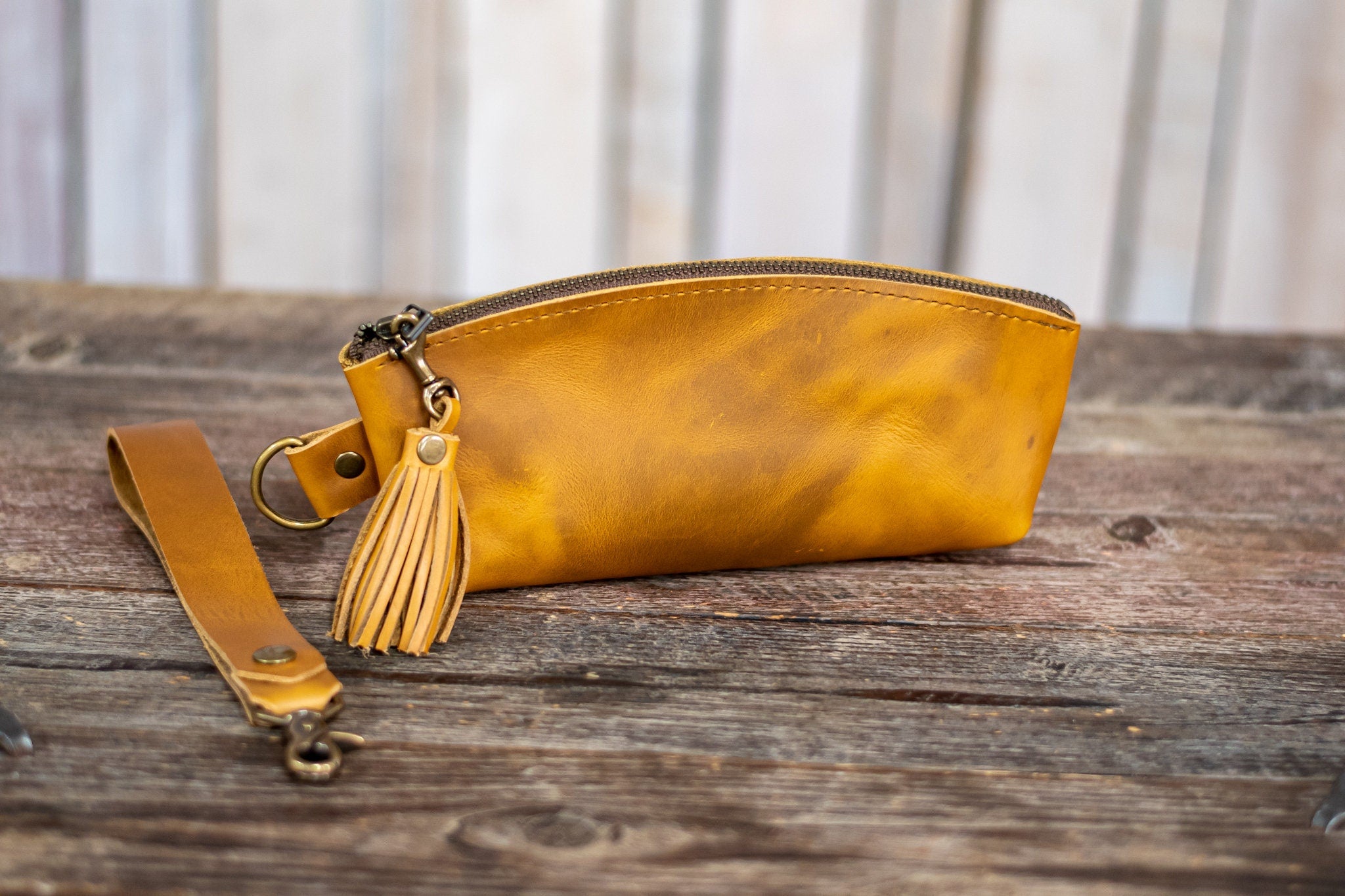 Curved Leather Zipper Bag | Leather Pencil case | Makeup Bag | Made in USA | Leather Cosmetics Case