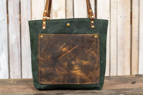The Classic Waxed Canvas Bag | Tote Bag with Leather Pocket | Crossbody Bag | MEDIUM | Made in USA