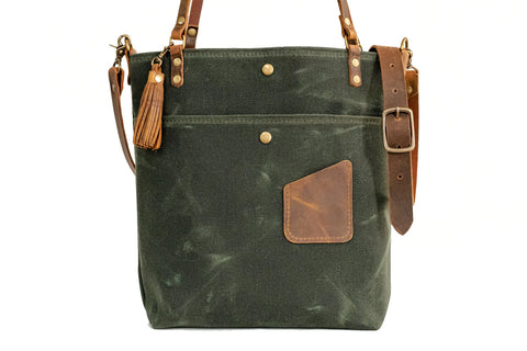 Waxed Canvas Tote Bag | Leather and Waxed Canvas Purse | Made in USA Handbag | In Blue Handmade | Large Front Pocket Tote