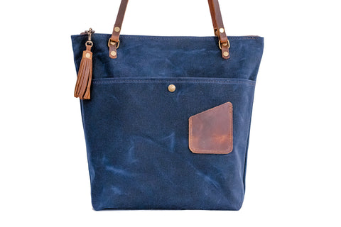 Waxed Canvas Tote Bag | Leather and Waxed Canvas Purse | Made in USA Handbag | In Blue Handmade | Large Front Pocket Tote