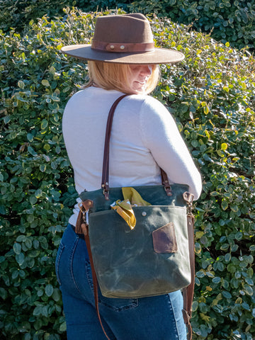 Waxed Canvas Tote Bag | Leather and Waxed Canvas Purse | Made in USA Handbag | In Blue Handmade | Large Front Pocket Tote
