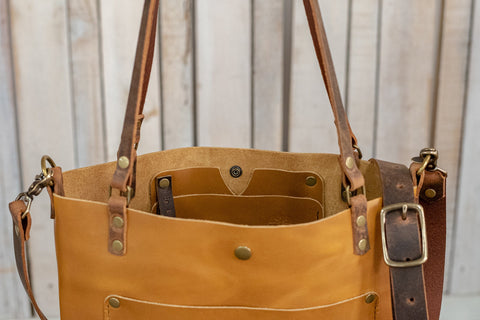 Weekly Limited Edition Leather Tote Bag | Leather Bag With Pocket | Leather Purse Crossbody | Made in USA |  Mountain Moon Sunflower