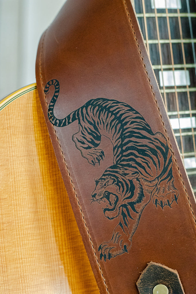 Personalized Leather Guitar Strap |  Handmade Banjo Strap  | Made in USA | Tiger