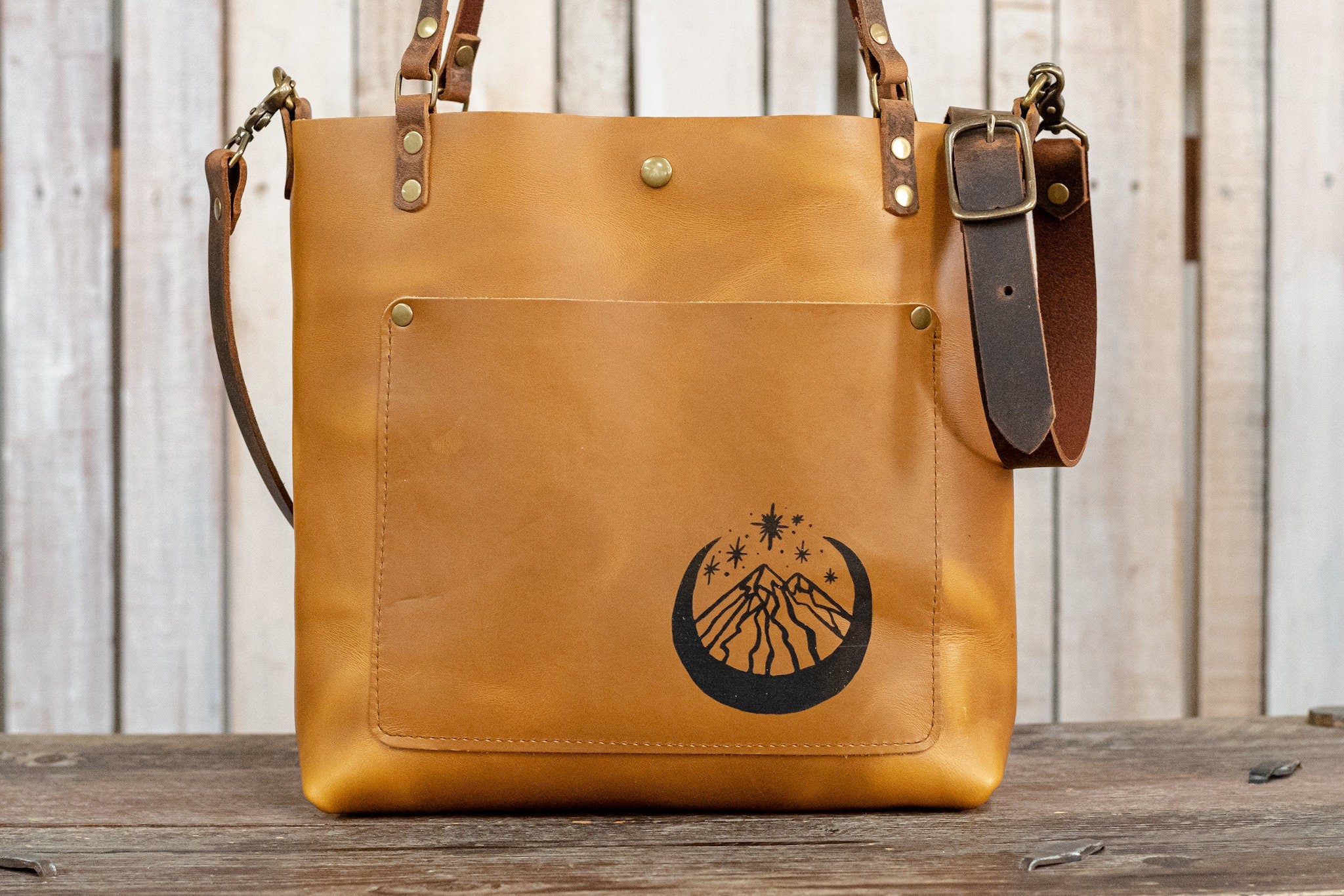 Leather Tote Bag With Pocket | Leather Purse Crossbody | Made in USA |  Mountain Moon Sunflower