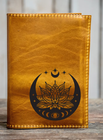 handmade personalized leather journal lotus moon